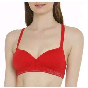 Tommy Hilfiger Sz LG Seamless Molded Cup Sparkle Logo Bralette Red Bra Sports